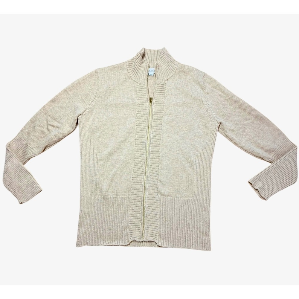 Calvin Klein Womens Full Zip Cardigan Sweater Beige Heather Ribbed Mock Neck S